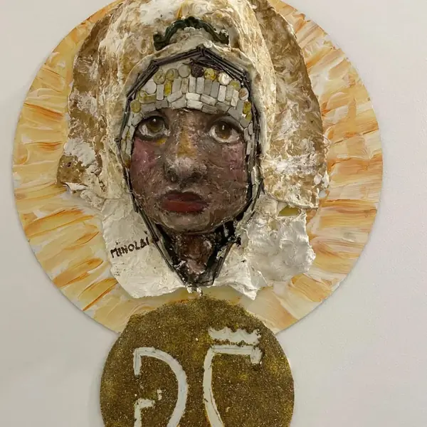 Artwork with a mosaic face and John Lord signature